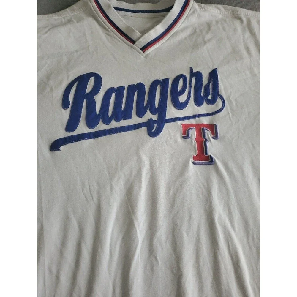 Vintage 1995 Texas Rangers MLB Logo 7 Spellout V-Neck White TShirt Size Large XL